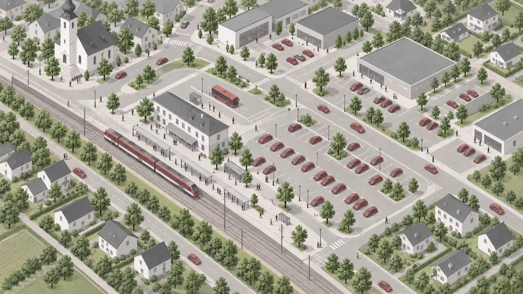 Der öffentliche Verkehr versucht, einer verstreuten Siedlung zu folgen.