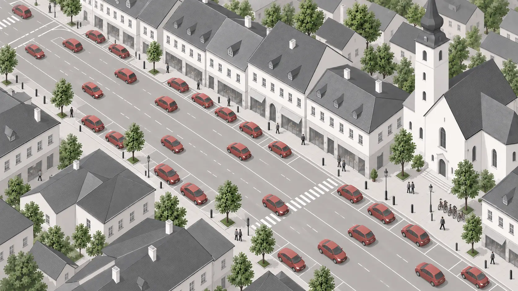 Fast die gesamte Straßenfläche dient dem Verkehr – obwohl die Straße mitten im Ort liegt.