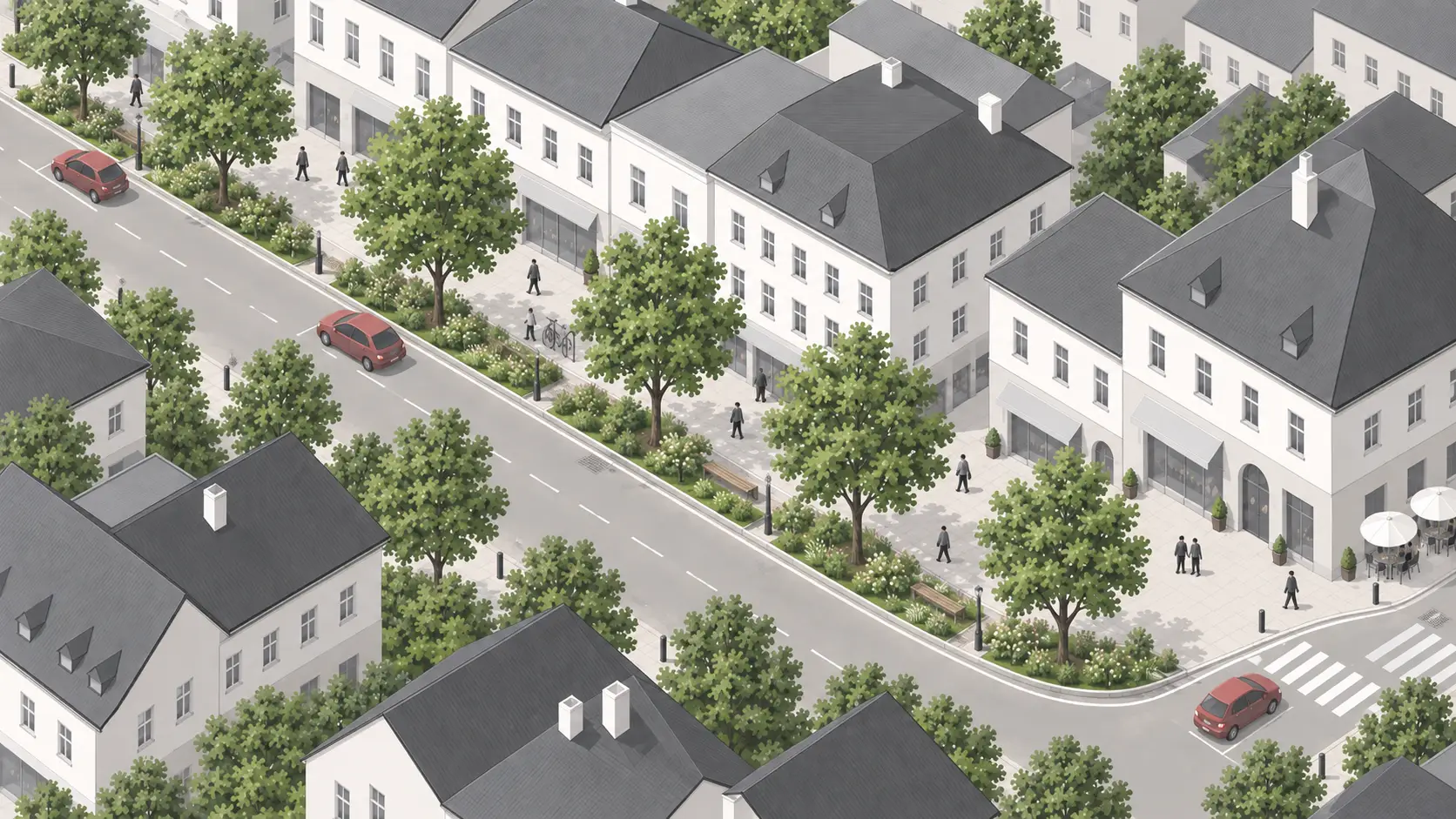 Der Straßenraum wird um die langfristig wirksame Baumstruktur herum organisiert.